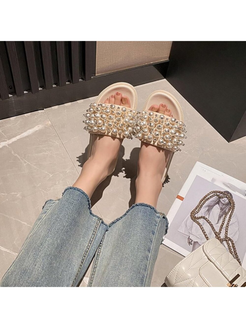 Stylish Pearl Rhinestone Platform Slide Sandals - Open Toe, Cushioned Footbed - Picture 2 of 6